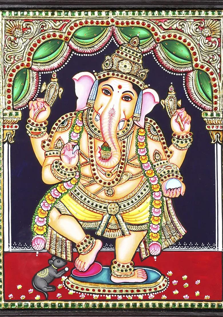 Dancing Lord Ganesha 24K Gold Tanjore Painting