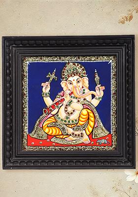Lord Ganesha Playing Shehnai 24K Gold Tanjore Painting