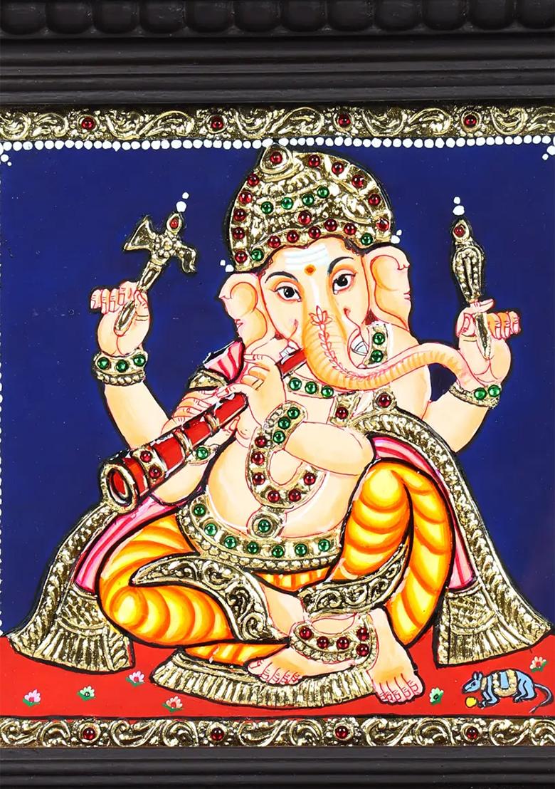 Lord Ganesha Playing Shehnai 24K Gold Tanjore Painting