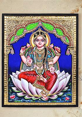 Bal Tripura Sundari On Lotus 24K Gold Tanjore Painting