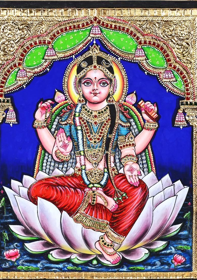 Bal Tripura Sundari On Lotus 24K Gold Tanjore Painting