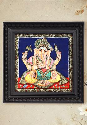 Lord Ganesha Playing Dholak Tanjore Painting 24 Karat Gold Work