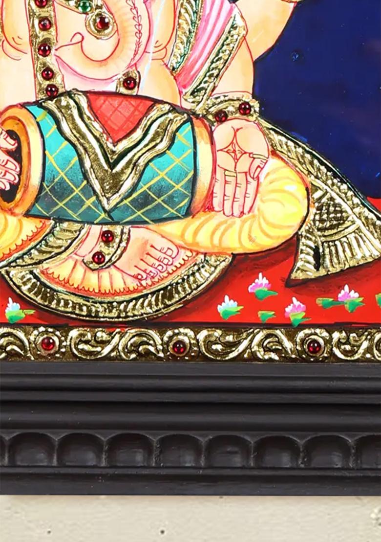 Lord Ganesha Playing Dholak Tanjore Painting 24 Karat Gold Work
