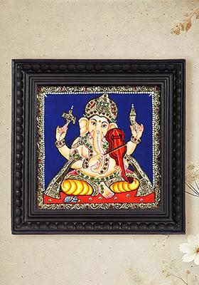 Lord Ganesha Playing Violin Tanjore Painting 24 Karat Gold Work