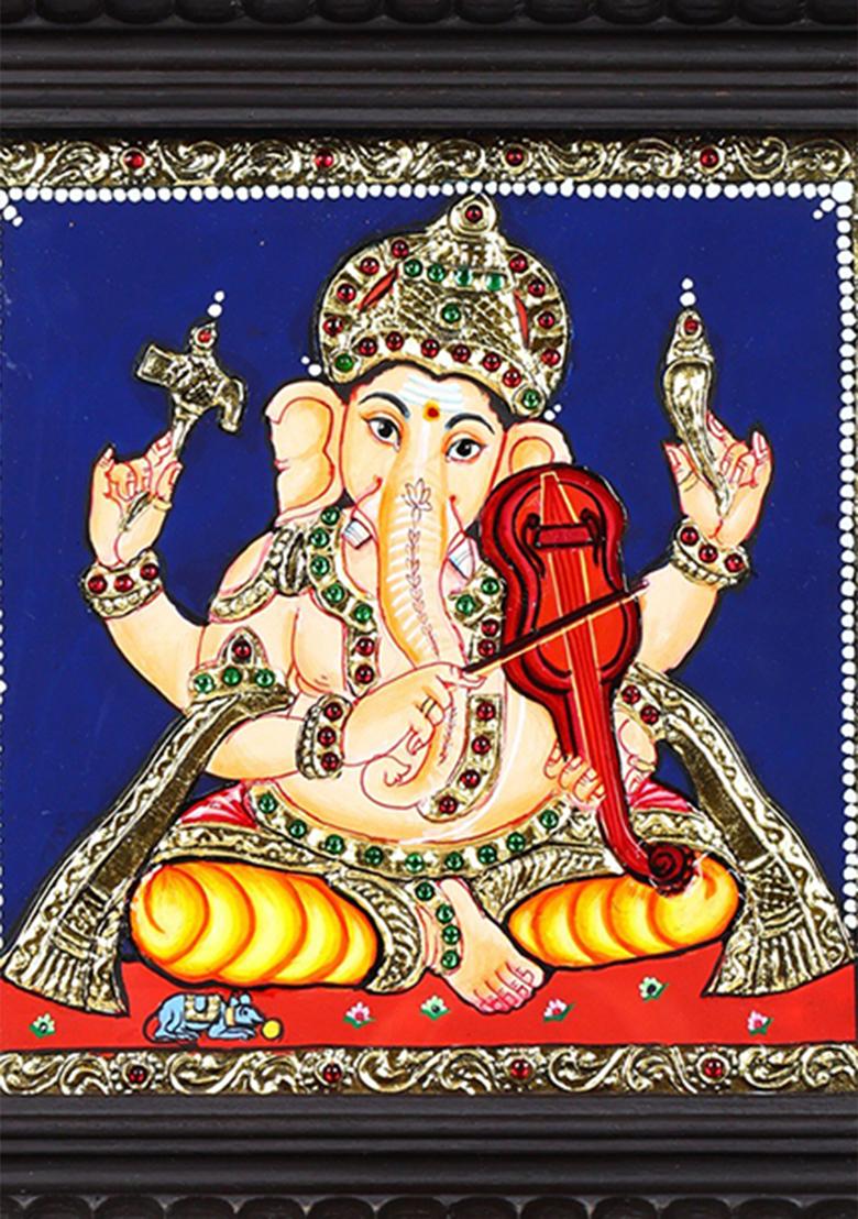 Lord Ganesha Playing Violin Tanjore Painting 24 Karat Gold Work