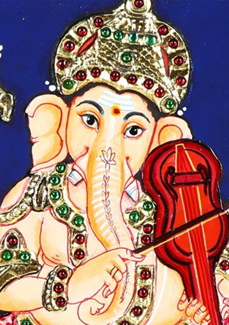 Lord Ganesha Playing Violin Tanjore Painting 24 Karat Gold Work