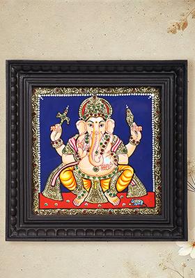 Chaturbhuja Lord Ganesha Tanjore Painting 24 Karat Gold Work