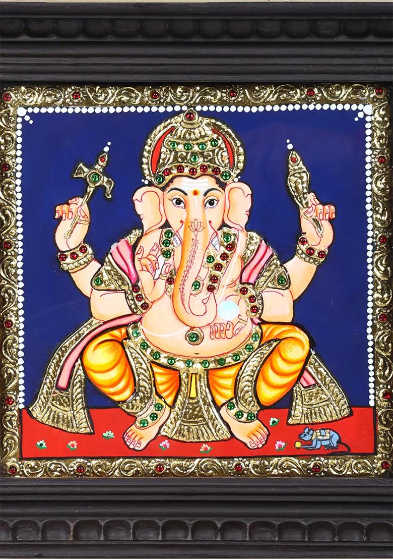 Chaturbhuja Lord Ganesha Tanjore Painting 24 Karat Gold Work