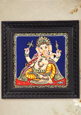 Lord Ganesha Playing Shehnai Tanjore Painting 24 Karat Gold Work