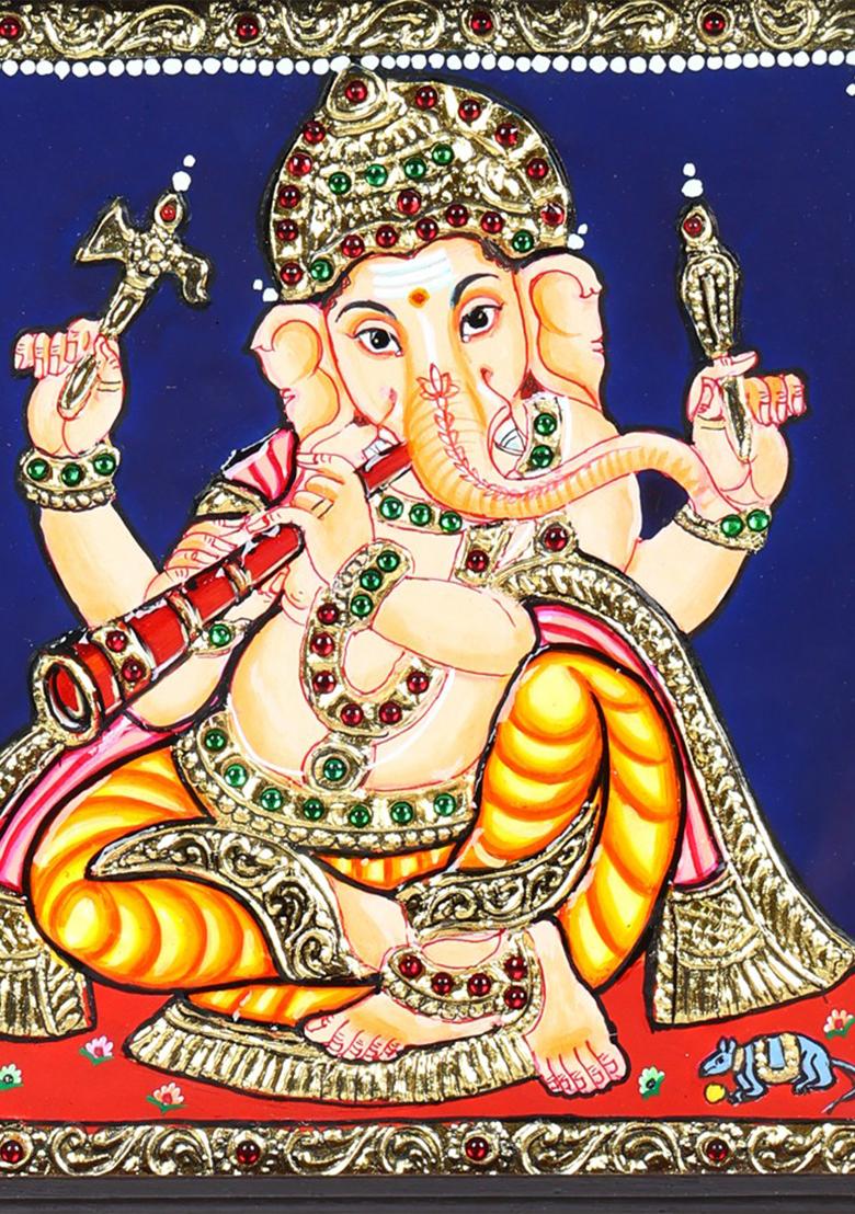 Lord Ganesha Playing Shehnai Tanjore Painting 24 Karat Gold Work