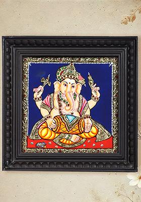 Lord Ganesha Playing Dholak Tanjore Painting 24 Karat Gold Work
