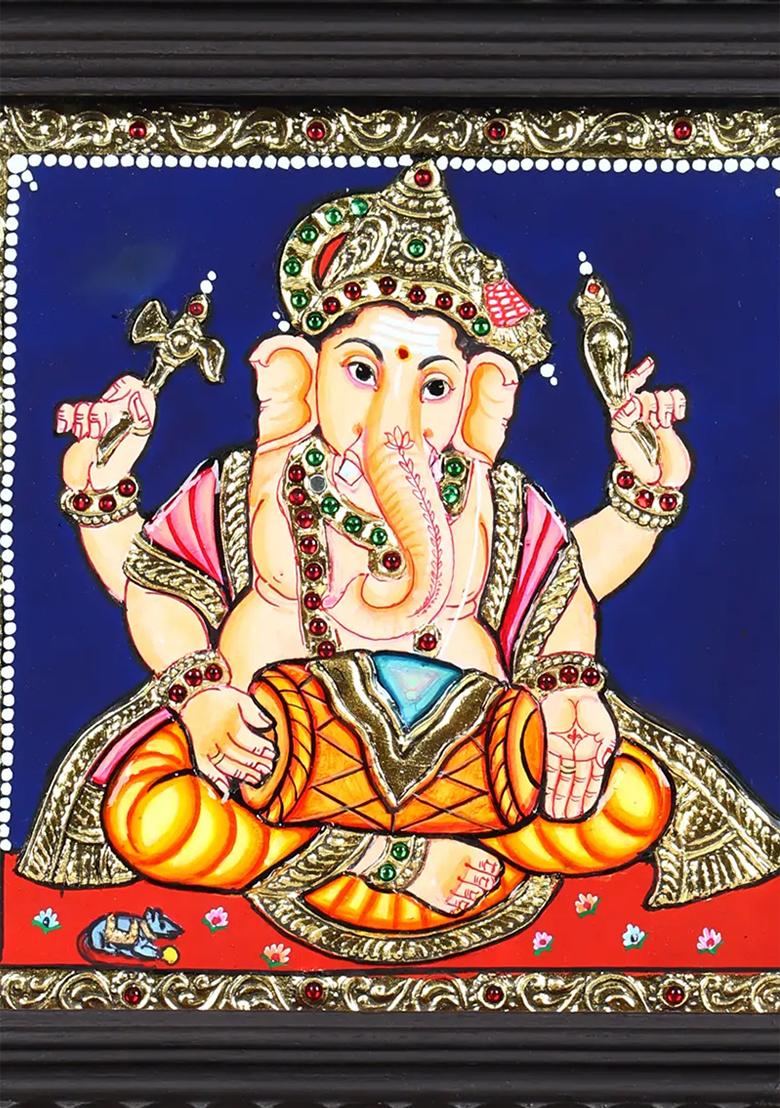 Lord Ganesha Playing Dholak Tanjore Painting 24 Karat Gold Work
