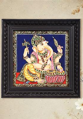 Lord Ganesha Playing Tabla Tanjore Painting 24 Karat Gold Work