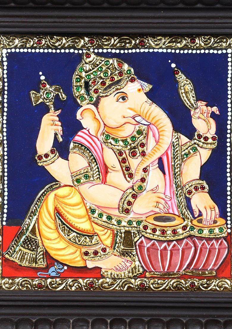 Lord Ganesha Playing Tabla Tanjore Painting 24 Karat Gold Work