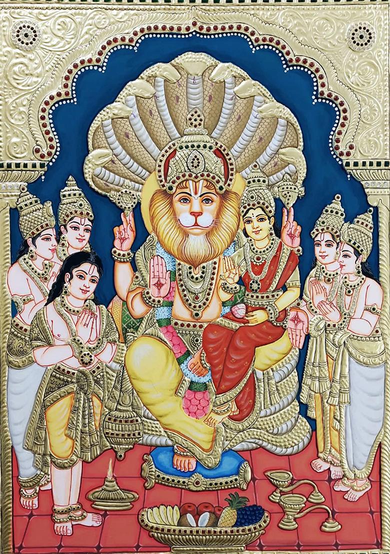 Lord Narasimha With Goddess Lakshmi Tanjore Painting Gold Work Art