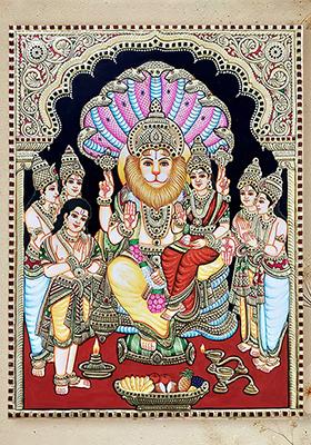 Seated Narasimha And Lakshmi Tanjore Painting Gold Work Art