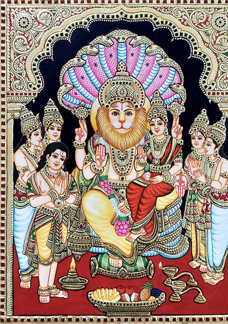 Seated Narasimha And Lakshmi Tanjore Painting Gold Work Art