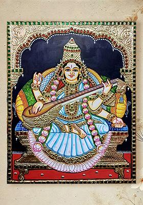 Goddess Saraswati Tanjore Painting With Veena Gold Work Art