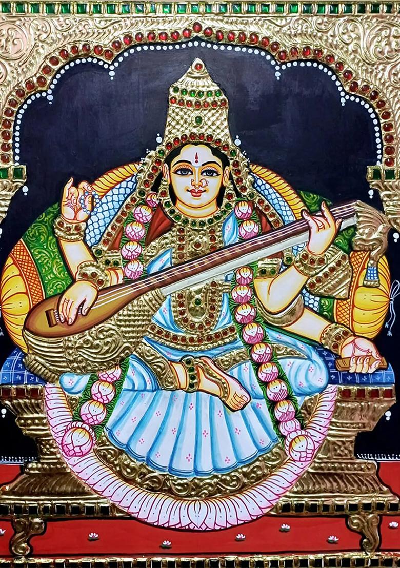 Goddess Saraswati Tanjore Painting With Veena Gold Work Art