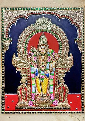 Fourarmed Lord Murugan Tanjore Painting Gold Work Art