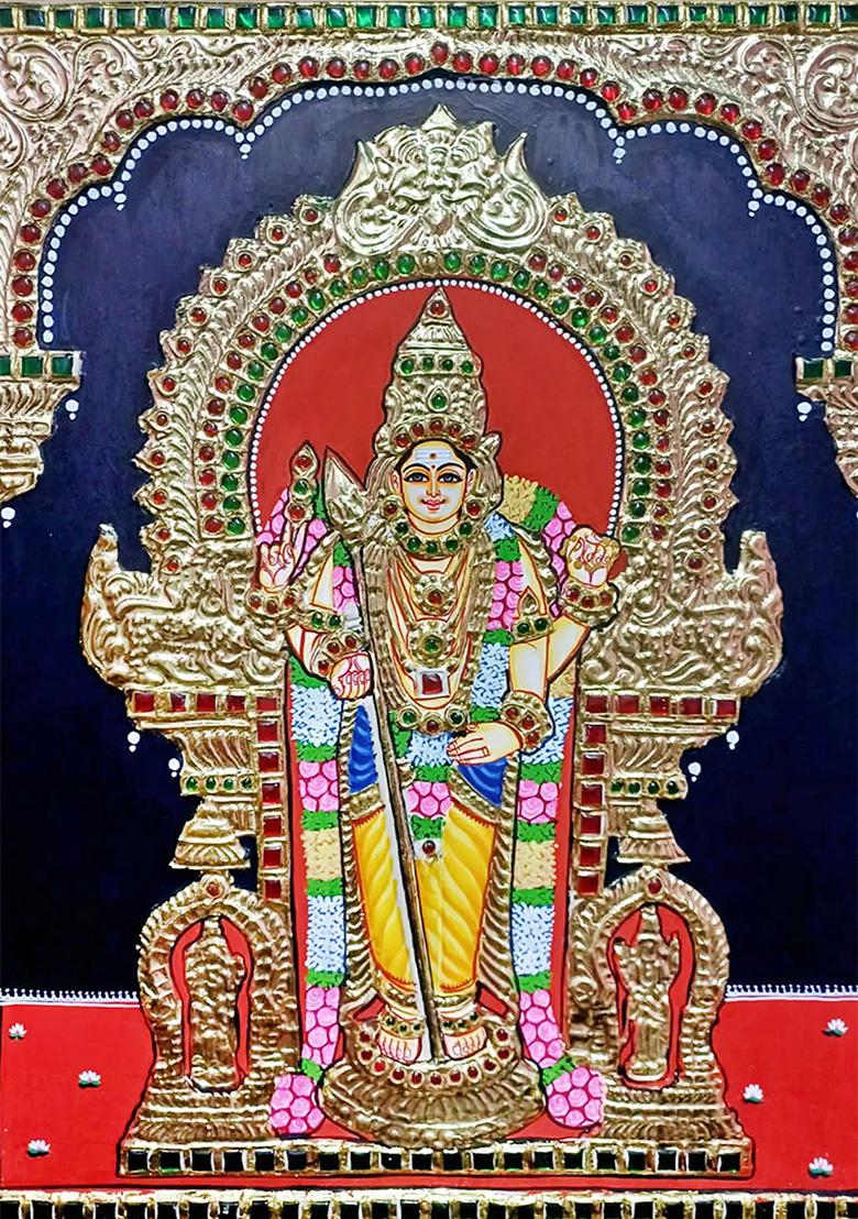 Fourarmed Lord Murugan Tanjore Painting Gold Work Art