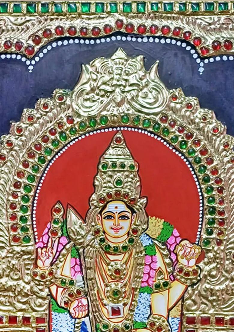 Fourarmed Lord Murugan Tanjore Painting Gold Work Art