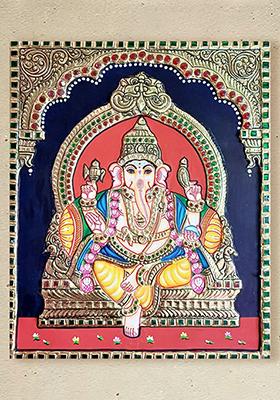 Lord Ganesha On Kirtimukha Asana Tanjore Painting Gold Work Art