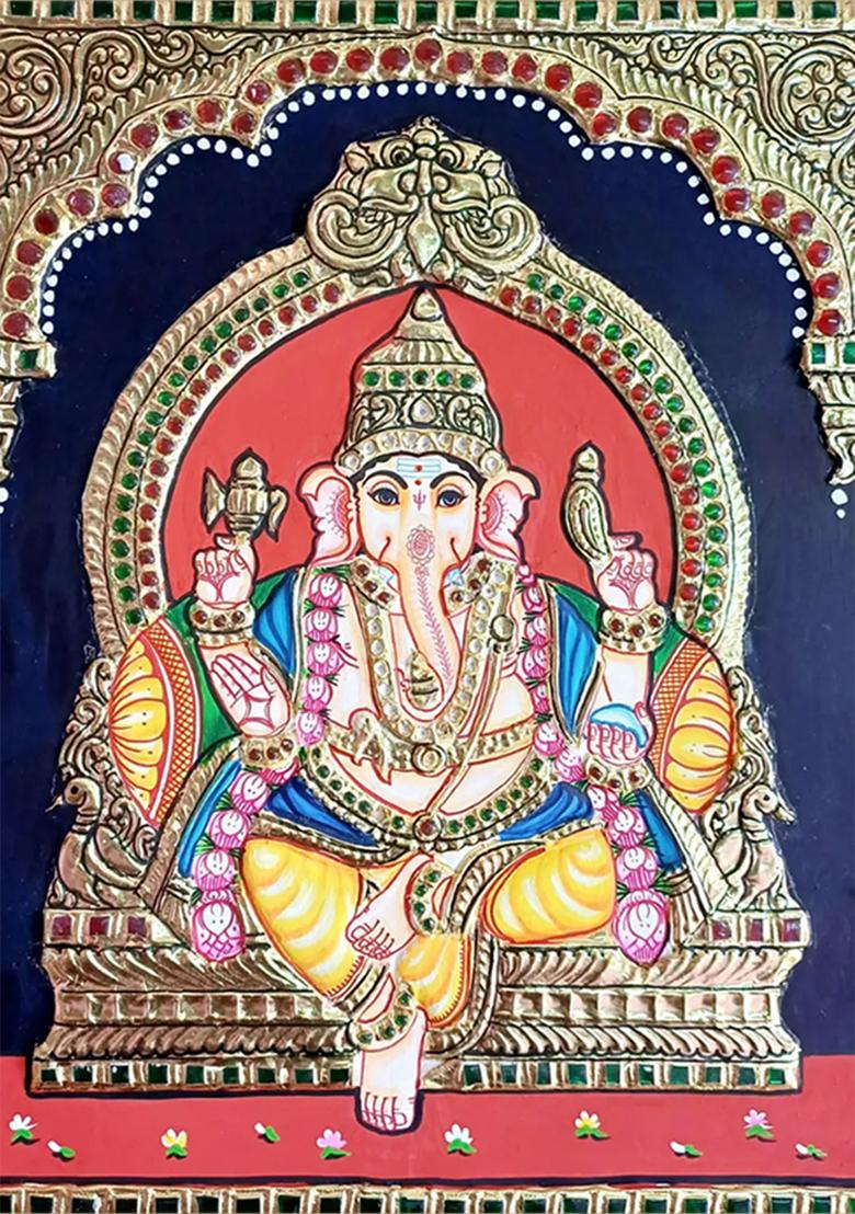 Lord Ganesha On Kirtimukha Asana Tanjore Painting Gold Work Art