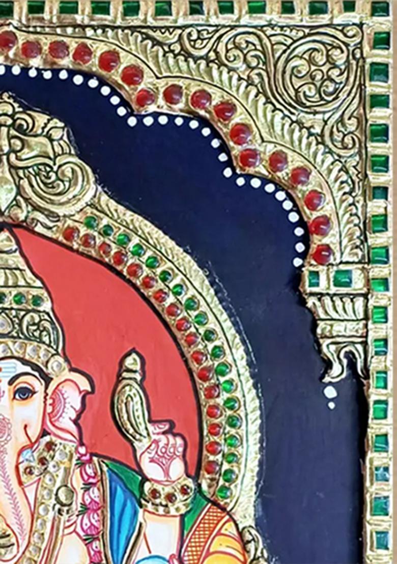 Lord Ganesha On Kirtimukha Asana Tanjore Painting Gold Work Art