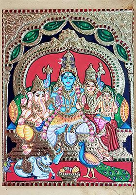Lord Shiva Family Tanjore Painting Gold Work Art
