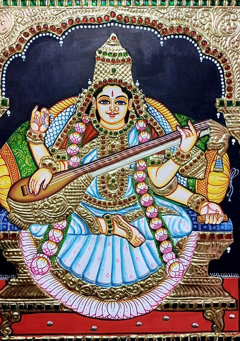 Seated Goddess Saraswati Holding Veena Tanjore Painting With Gold Work
