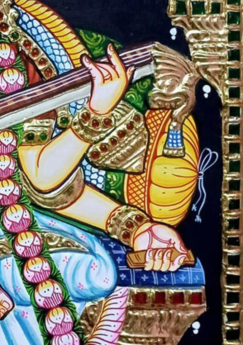 Seated Goddess Saraswati Holding Veena Tanjore Painting With Gold Work