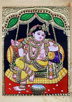 Lord Krishna Seated On Swing Tanjore Painting Gold Work Art