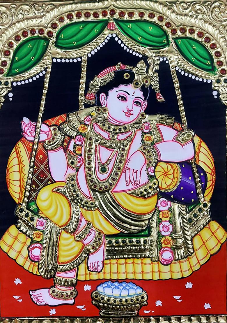 Lord Krishna Seated On Swing Tanjore Painting Gold Work Art