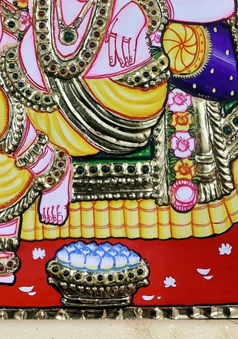 Lord Krishna Seated On Swing Tanjore Painting Gold Work Art