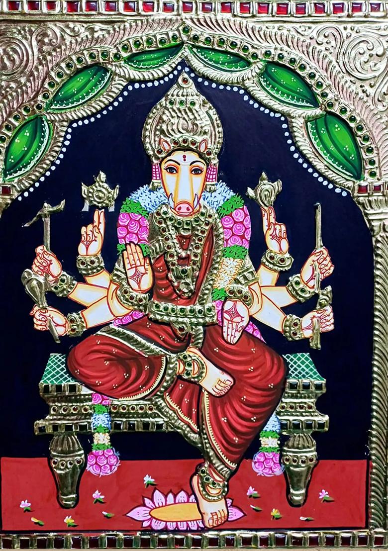 Goddess Varahi Seated On Asana Tanjore Painting Gold Work Art