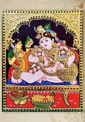 Butter Krishna Tanjore Painting Gold Work Art
