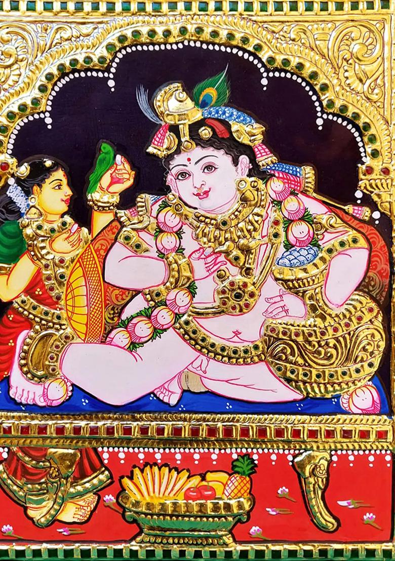 Butter Krishna Tanjore Painting Gold Work Art