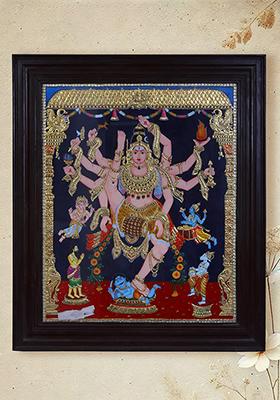 Dancing Shiva Tanjore Painting 24K Gold Teakwood Frame Art