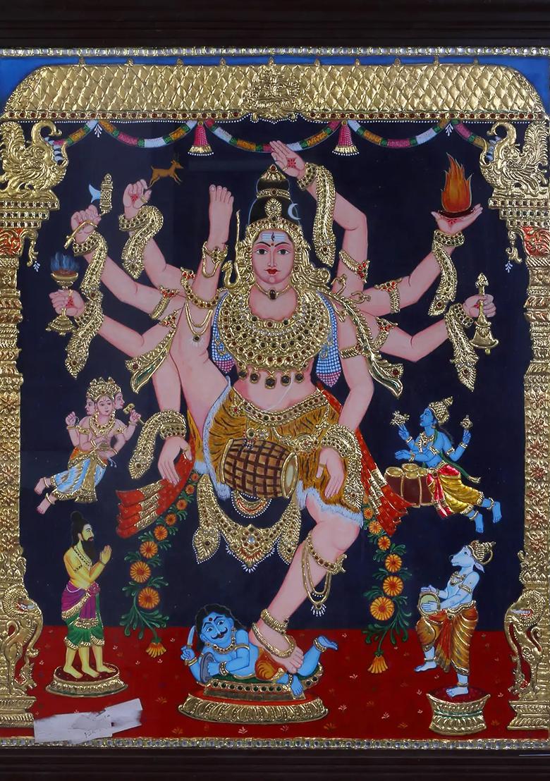 Dancing Shiva Tanjore Painting 24K Gold Teakwood Frame Art