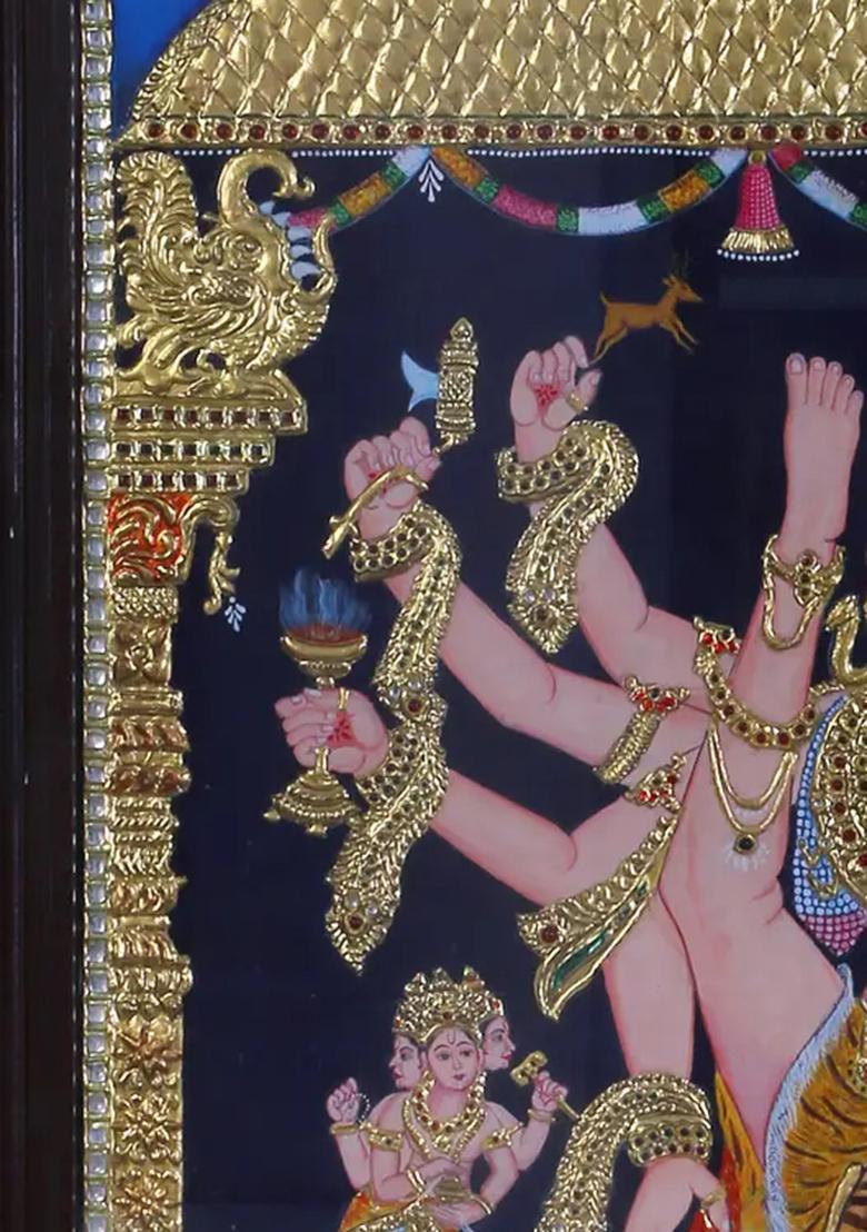 Dancing Shiva Tanjore Painting 24K Gold Teakwood Frame Art
