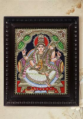 Devi Saraswati Tanjore Painting 24K Gold Work