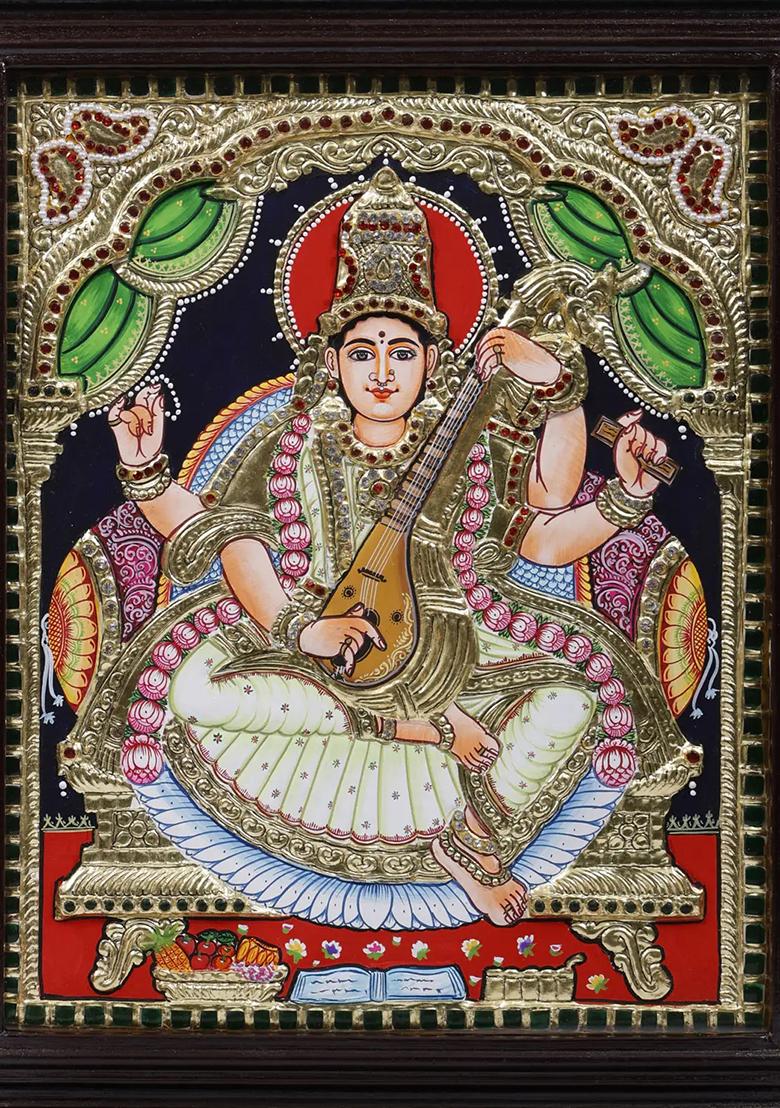 Devi Saraswati Tanjore Painting 24K Gold Work