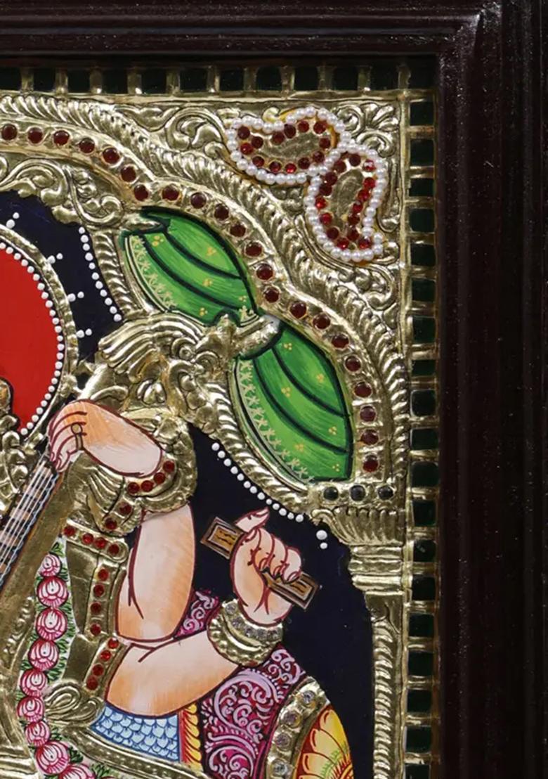 Devi Saraswati Tanjore Painting 24K Gold Work