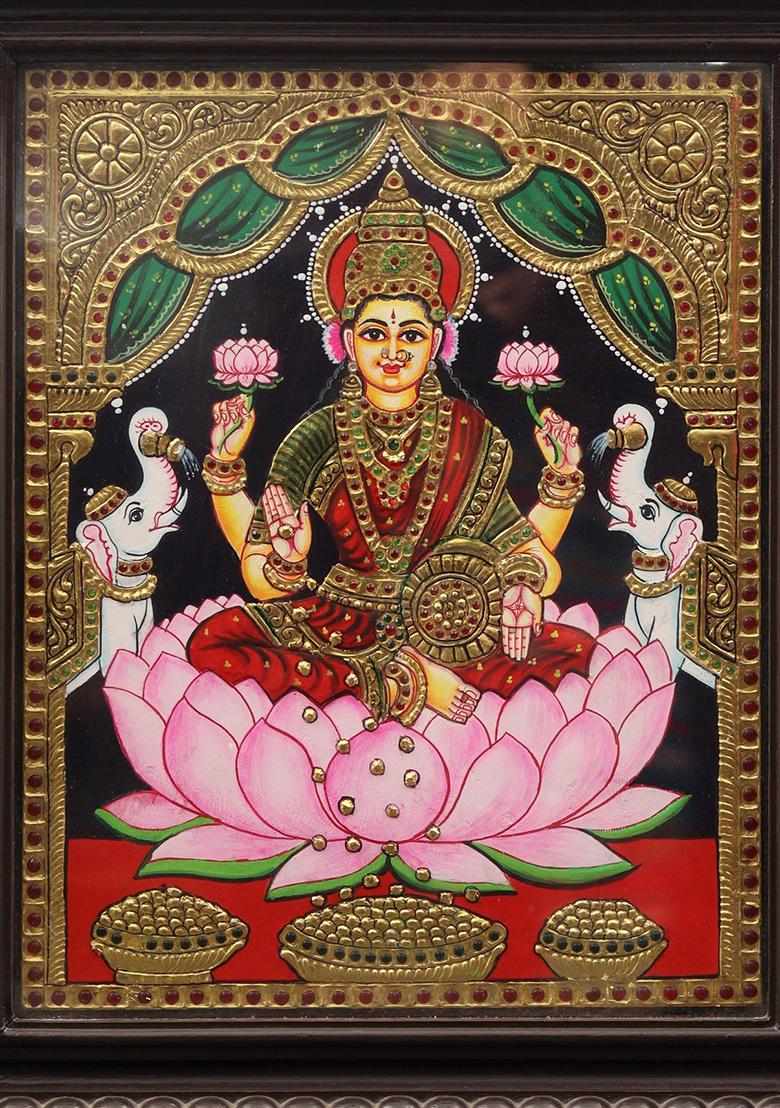 Gajalakshmi On Lotus Tanjore Painting Divine Art