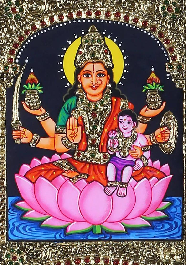 Devi Lakshmi On Lotus Tanjore Painting 24K Gold