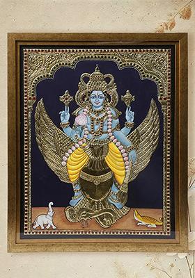 Lord Vishnu On Garuda Tanjore Painting 24K Gold