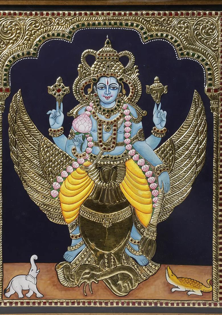 Lord Vishnu On Garuda Tanjore Painting 24K Gold