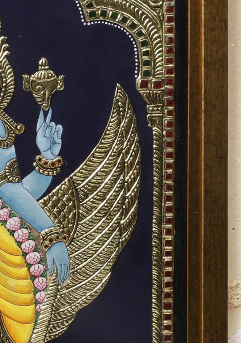 Lord Vishnu On Garuda Tanjore Painting 24K Gold