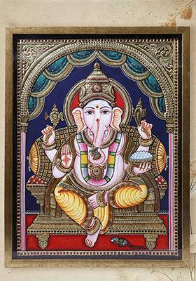Chaturbhuja Lord Ganesha Tanjore Painting 24K Gold